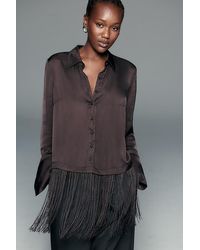 By Anthropologie - Satin Fringe-Hem Button-Front Blouse - Lyst