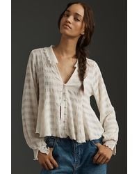 By Anthropologie - Long-Sleeve Tie-Front Textured Blouse - Lyst