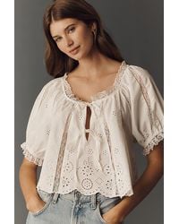 By Anthropologie - Embroidered Puff-Sleeve Swing Top - Lyst