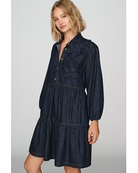 Maeve - The Bettina Tiered 100% Cotton Denim Mini Shirt Dress By - Lyst