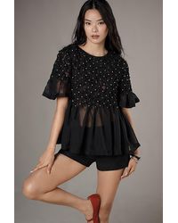 Maeve - Short-Sleeve Rhinestone Sheer Babydoll Blouse - Lyst