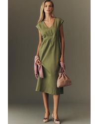 Maeve - Linen-Blend Short-Sleeve Waisted Midi Dress - Lyst