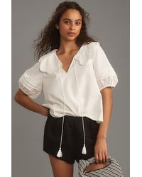 Mare Mare - Puff-sleeve Collared Linen-blend Blouse - Lyst