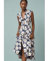 Maeve - The Tommie Cap-Sleeve Smocked Front-Zip Midi Shirt Dress - Lyst
