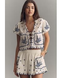 Maeve - Cotton Embroidered Tie-Front Top - Lyst