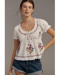 By Anthropologie - Puff-Sleeve Embroidered Babydoll Top - Lyst