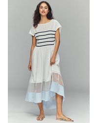 Maeve - Smocked Short-Sleeve Sheer Hem Midi Dress - Lyst