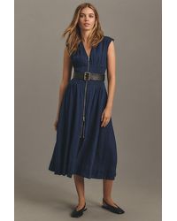 By Anthropologie - The Tommie Cap-sleeve Smocked Front-zip Midi Shirt Dress - Lyst