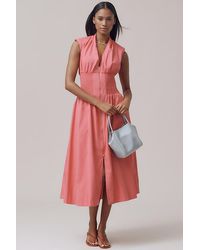 Maeve - The Tommie Cap-Sleeve Smocked Front-Zip Midi Shirt Dress - Lyst