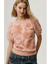 Maeve - Puff-Sleeve Textured Flower Top - Lyst