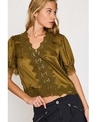 By Anthropologie - Stella Satin Lace-Trim Blouse - Lyst