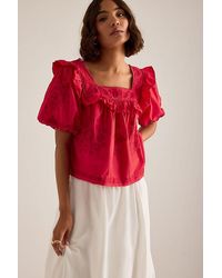 By Anthropologie - Ruffle Puff-Sleeve Embroidered Blouse - Lyst
