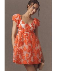 By Anthropologie - Puff-Sleeve Scoop-Neck Babydoll Mini Dress - Lyst