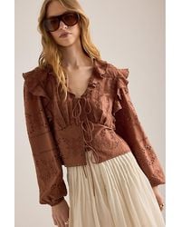 By Anthropologie - Ruffle Embroidered Tie-Front Blouse - Lyst