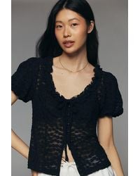 By Anthropologie - Sheer Lace Puff-Sleeve Top - Lyst