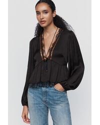 By Anthropologie - Satin Lace Trimmed Plunge Blouse - Lyst