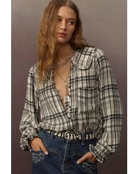 Pilcro - The Keira Collared Button-Front Blouse By : Long-Sleeve Plaid Edition - Lyst