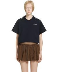 Miu Miu - Cropped Cotton Fleece Polo Shirt - Lyst