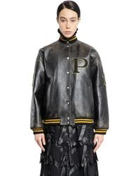 Prada - Leather Bomber Jacket With Patch - Lyst