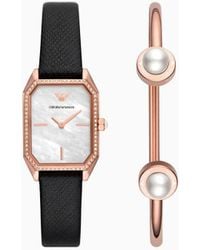 Emporio Armani - Two-hand Black Leather Watch And Rose Gold-tone Stainless Steel Bracelet Set - Lyst