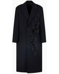Emporio Armani - Single-breasted Coat In Compact Virgin Wool Gabardine With Ginkgo Embroidery And Cut-outs - Lyst