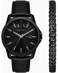 ARMANI EXCHANGE - Montre En Cuir Noir Avec Affichage De La Date À Trois Aiguilles Et Bracelet En Acier Inoxydable Noir - Lyst
