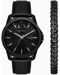 ARMANI EXCHANGE - Reloj De Cuero Negro Con Indicador De Fecha De Tres Manecillas Y Brazalete De Acero Inoxidable Negro - Lyst