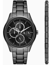 Armani Exchange - Multifunction Black Stainless Steel Watch And Bracelet Set - Lyst