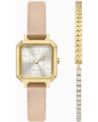 ARMANI EXCHANGE - Three-Hand Nude Leather Watch And Bracelet Gift Set - Lyst