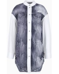 Armani Exchange - Oversized Linen And Cotton Shirt With Denim Print Insert - Lyst