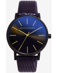 Armani Exchange Three Hand Blue Leather Watch - Black