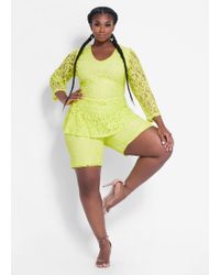 Ashley Stewart Plus Size Tall V Neck Lace Sleeve Romper - Yellow