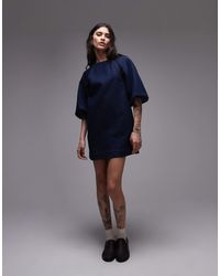 TOPSHOP - Denim Mini Shift Dress With Balloon Sleeves - Lyst