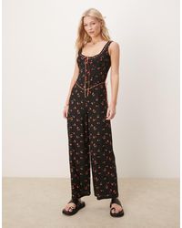 ASOS - Lace Trim Button Through Wide Leg Spun Jumpsuit - Lyst