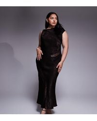 ASOS - Vestido Largo Marrón De Corte Al Bies Con Cuello Barco Y Detalle De Encaje De Asos Design Curve - Lyst