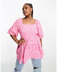 Yours - Tie Back Puff Sleeve Peplum Top - Lyst