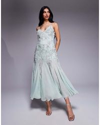 ASOS - Diamante Beaded Midi Dress With Lace Trim And Flare Hem - Lyst