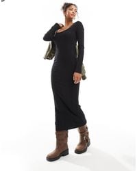 ASOS - Midi Jurk Met Lange Mouwen, Lage Ronde Hals En Brede Ribbels - Lyst