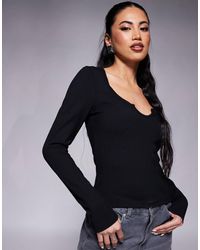 ASOS - Long Sleeve Ribbed Top With Notch Detail - Lyst