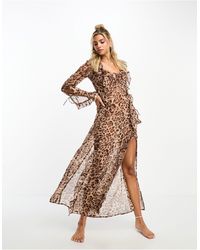 Miss Selfridge - Beach Chiffon Long Sleeve Side Split Maxi Dress-multi - Lyst