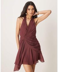 ASOS - Vestido Corto Marrón Con Cuello Halter Escotado Y Detalle Drapeado De - Lyst