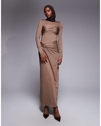 4th & Reckless - Slinky Drape Front Metal Detail Ruched Bust Long Sleeve Maxi Dress - Lyst