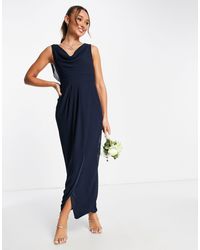 TFNC London Bridesmaid Chiffon Wrap Maxi Dress With Cowl Neck Front And Back - Blue