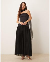 LACE & BEADS - Tulle Bandeau Drop Waist Maxi Dress With Scarf - Lyst