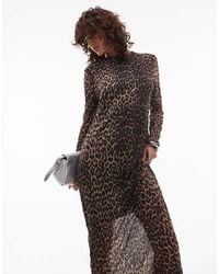 TOPSHOP - Vestido De Manga Larga Con Estampado De Leopardo Y Cuello Alto De Tejido Transparente Efecto Rugoso De - Lyst