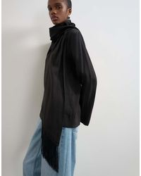 TOPSHOP - Funnel Neck Zip Top With Fringe Scarf Detail - Lyst