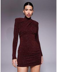 Ruched & Ready - I'm Her Removable Shoulder Pad Detail High Neck Cross Front Long Sleeve Hotfix Mini Dress - Lyst
