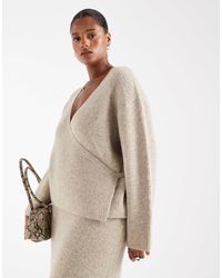 4th & Reckless - Gilet d'ensemble cache-cœur avec détail noué en maille douce aspect laine - beige - Lyst