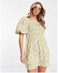 In The Style - X Stacey Solomon Floral Print Shirred Bodice Puff Sleeve Dress - Lyst