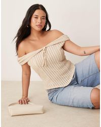 ASOS - Asos Design Curve Textured Bardot Top With Tie Detail - Lyst